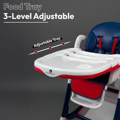 StarAndDaisy Premium Feeding Chairs 6 Months to 3 Year/ High Chair for Baby with Premium Leather Cushion / Baby Chair with 5 Level Seat & Foot Rest Adjustmnet, Height Adjustable, Detachble food Tray, One Click Foldable (Red & Blue)