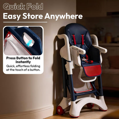 StarAndDaisy Premium Feeding Chairs 6 Months to 3 Year/ High Chair for Baby with Premium Leather Cushion / Baby Chair with 5 Level Seat & Foot Rest Adjustmnet, Height Adjustable, Detachble food Tray, One Click Foldable (Red & Blue)