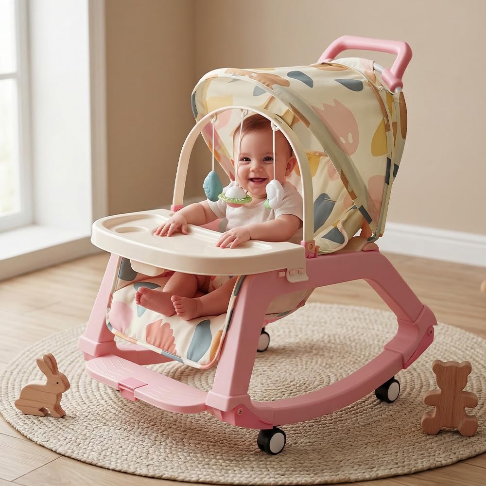 StarAndDaisy 5-in-1 Baby Rockers for 0 to 2 Years, Baby Multi Functional Rocker chair for Babies, Infants & Toddler with Removable Mattress, Swing & Bouncer/Cradle with adjustale Canopy & hanging toys - Pink