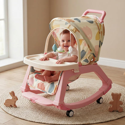 StarAndDaisy 5-in-1 Baby Rockers for 0 to 2 Years, Baby Multi Functional Rocker chair for Babies, Infants & Toddler with Removable Mattress, Swing & Bouncer/Cradle with adjustale Canopy & hanging toys - Pink