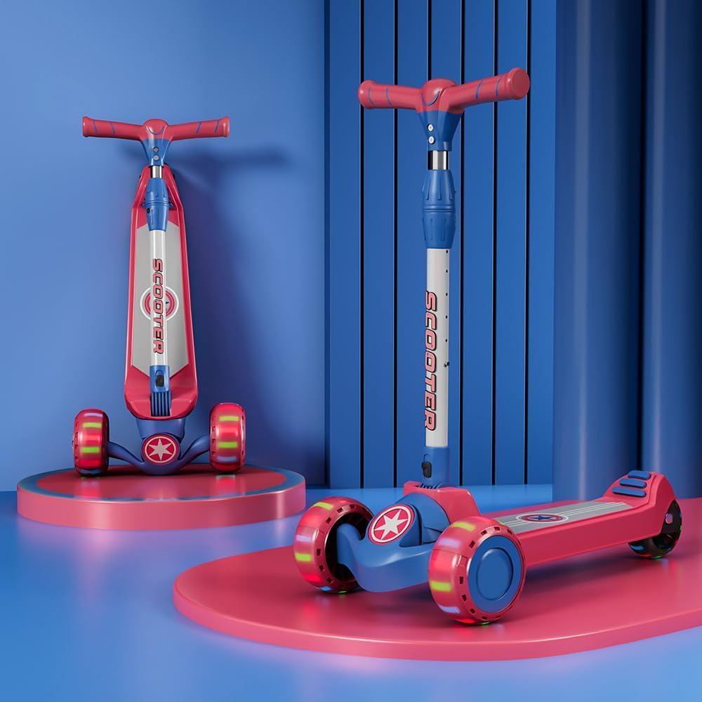 StarAndDaisy kick Scooter for Kids 3-12 Years Boys & Girls / 3-Wheel Skating Scooter Boys & Girls with Pu Light Up LED Wheels/Skating Scooter 5 Level Adjustable Height and Easy to Fold (Red & Blue)