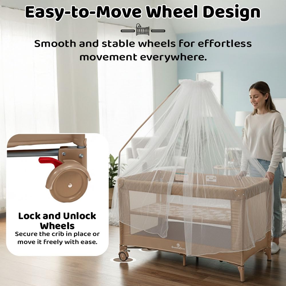 StarAndDaisy Cradle for New Born Baby Cradle for 0 to 3 Year Baby with Wheels,Storage Basket & Mosquito net Baby Sleeping Cradle/Bedside Bassinet for (CozyCove-Beige)