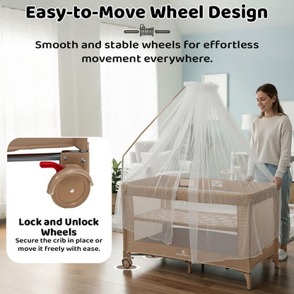 StarAndDaisy Cradle for New Born Baby Cradle for 0 to 3 Year Baby with Wheels,Storage Basket & Mosquito net Baby Sleeping Cradle/Bedside Bassinet for (CozyCove-Beige)