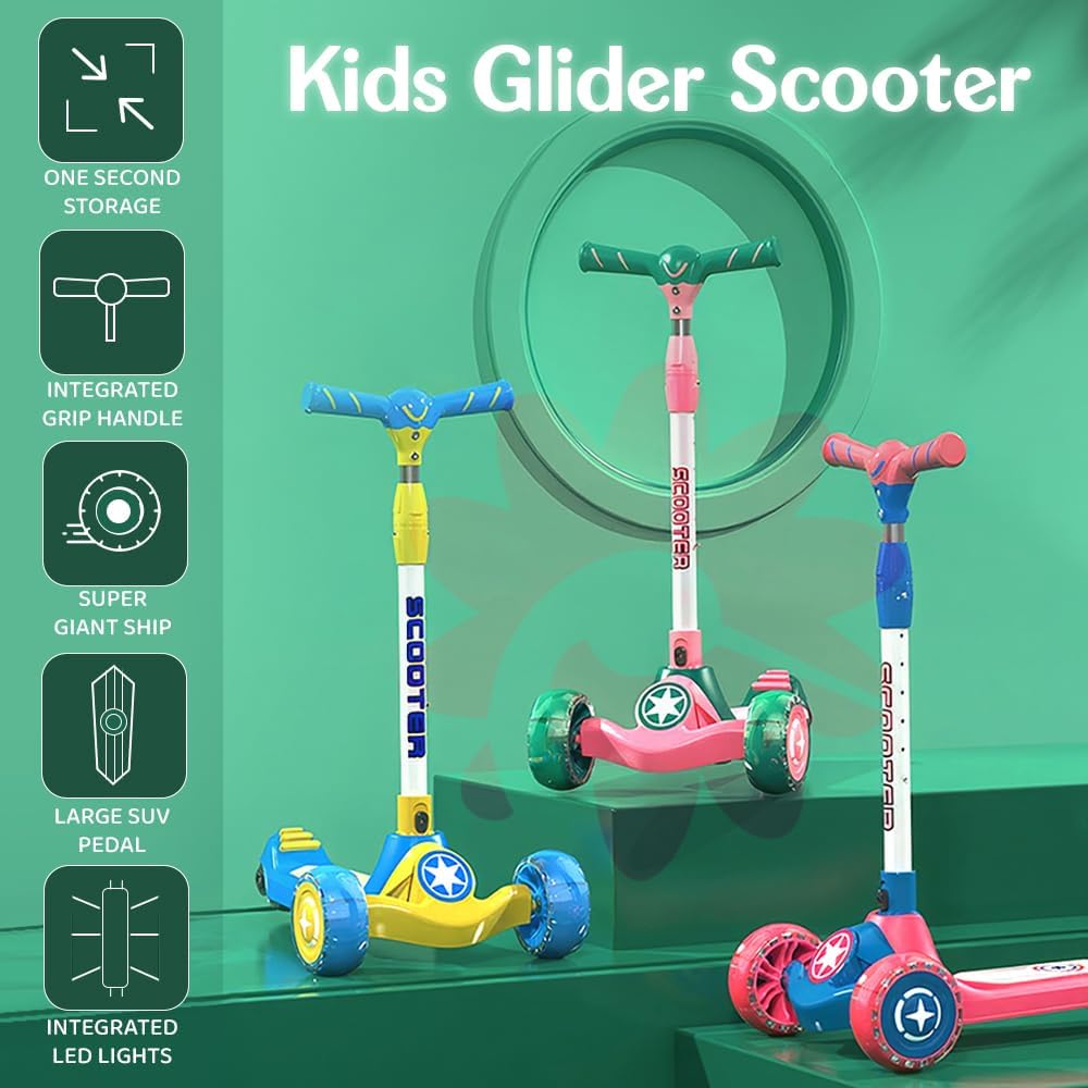 StarAndDaisy Scooter for Kids | Skating Scooter with 6 Level Adjustable Height | 3 Wheel Skates or Scooter for Kids 6-12 Years Boys & Girls (Green-Pink)