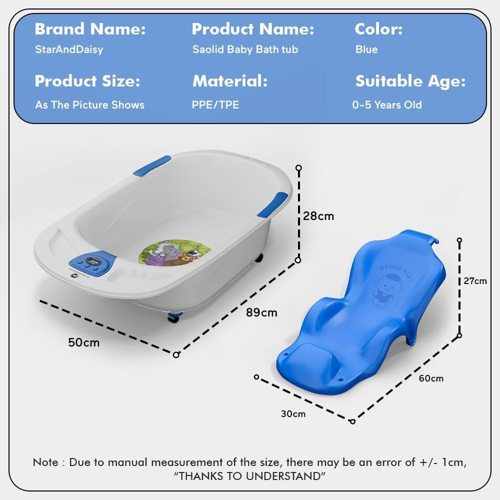 StarAndDaisy Baby Bath Tub for 0 to 5 Years/Bath Tub for Kids 0-3 Years/Infants Bathtub with Temperature Censor & Baby Bath Seat/Sling, Antislip Kids Bath Tub with Bath Chair -White Blue