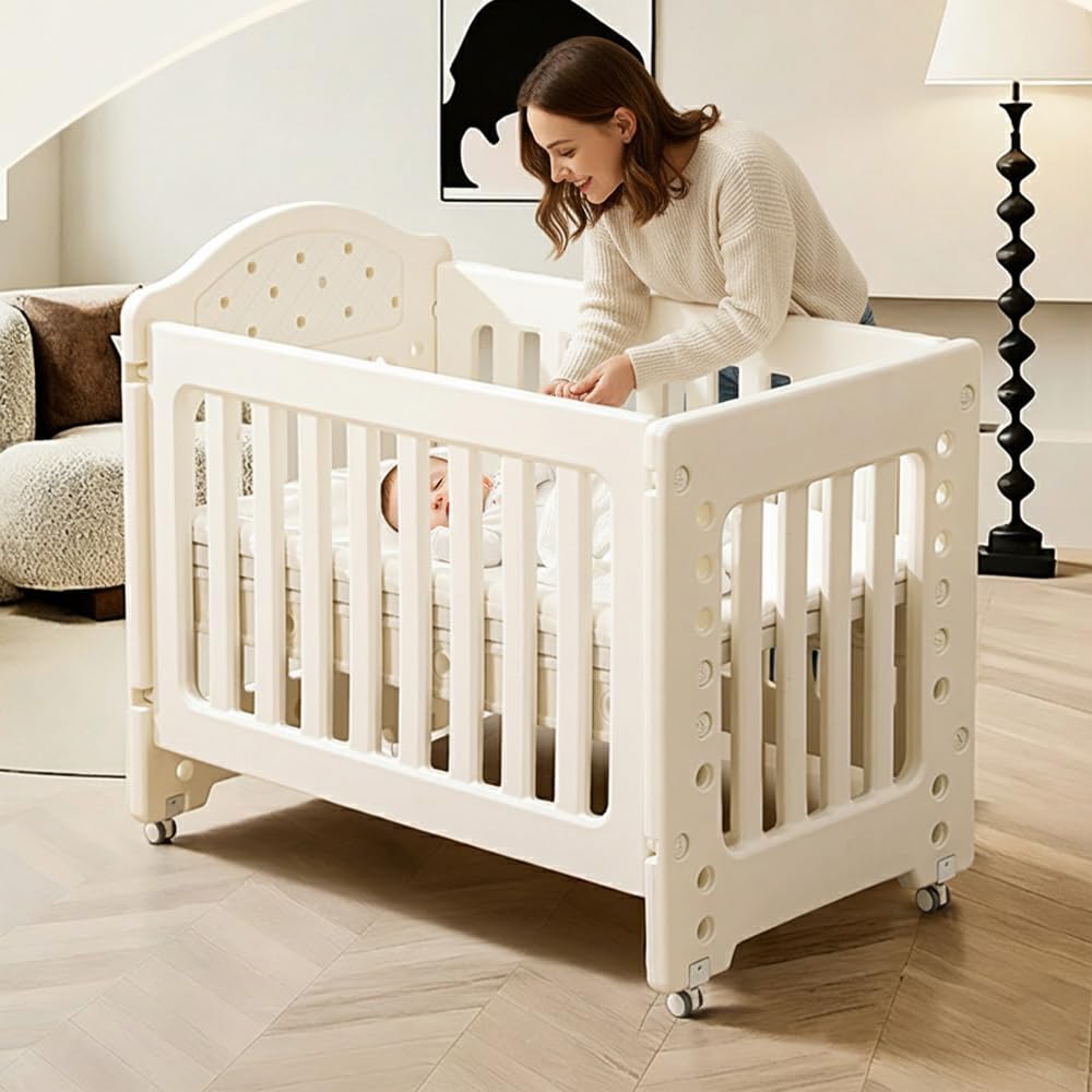 StarAndDaisy Baby Cot with Wheels / 100KG Heavy Duty PP Baby Crib/Waterproof & Termite Resistant/BPA-Free Newborn Baby Bed/Portable Infant Sleeping Cot -White (Tiny Dreams-White)