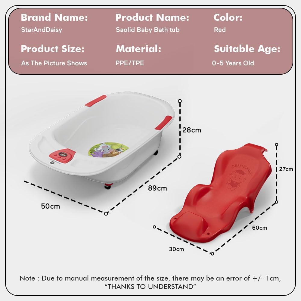 StarAndDaisy Baby Bath Tub for 0 to 5 Years/Bath Tub for Kid 0-3 Years/Infants Bathtub with Temperature Censor & Baby Bath Seat/Sling, Antislip Baby Bath Tub with Bath Chair -Red