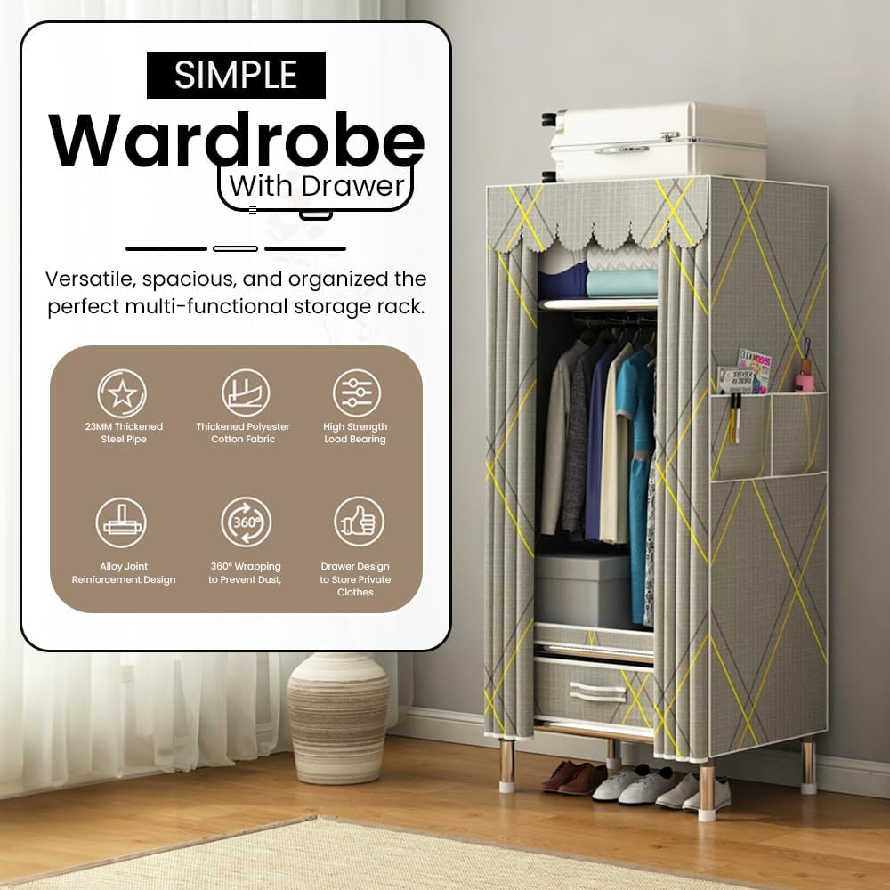 StarAndDaisy Breathable Fabric, Alloy Steel Kids Foldable Wardrobe with Cover & Drawers Almirah for Clothes, Shoes & Accessories/Space-Saving Closet with Side Pockets & Hanging Rod -Rhombus, Grey