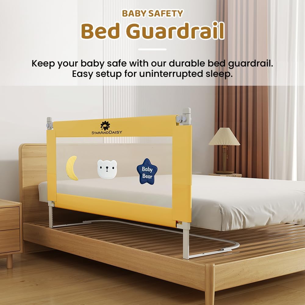 StarAndDaisy Bed Guard Rail for Baby/Kids with U-Full Body Support Frame, Height Adjustable/Portable Single Side Bed Rail for Toddler's Safety (Embroidered Yellow - 1.8M)