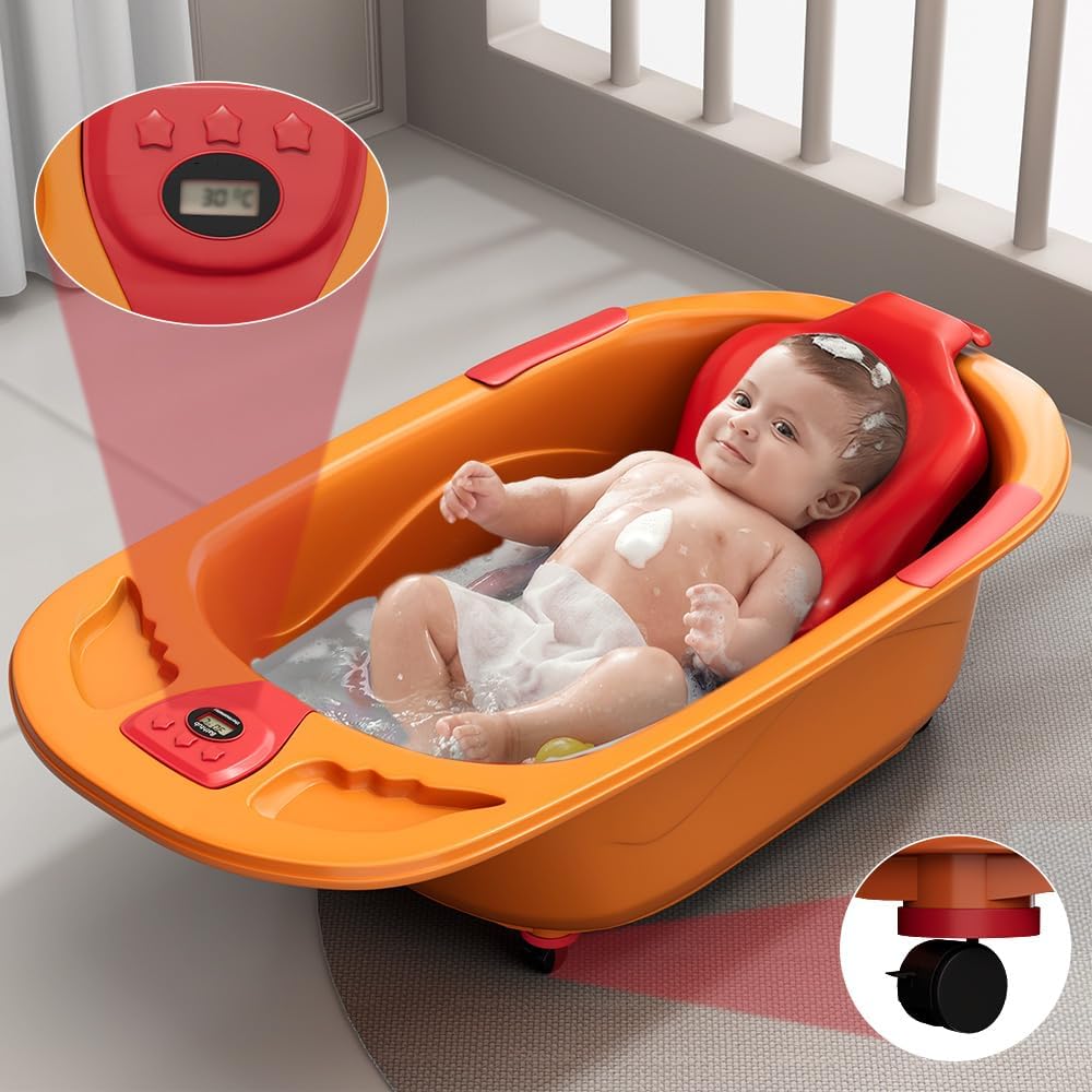 StarAndDaisy Baby Bath Tub for 0 to 5 Years/Bath Tub for Kids 0-3 Years/Infants Bathtub with Temperature Censor & Baby Bath Seat/Sling, Antislip Baby Bath Tub with Bath Chair (Orange & Red)