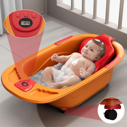 StarAndDaisy Baby Bath Tub for 0 to 5 Years/Bath Tub for Kids 0-3 Years/Infants Bathtub with Temperature Censor & Baby Bath Seat/Sling, Antislip Baby Bath Tub with Bath Chair (Orange & Red)