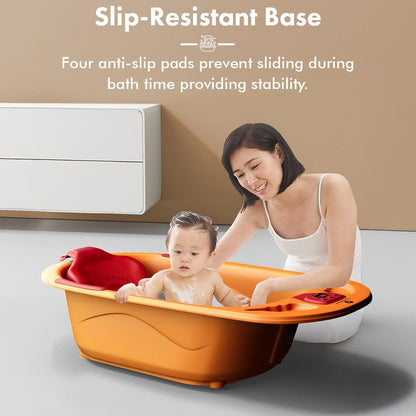 StarAndDaisy Baby Bath tub for 0 to 5 Years with Temperature Sensor/Bath Tub for Kids with Anti-Slip Legs/Bathtub for Baby with Baby Bather -Without Wheel(Orange - Red)