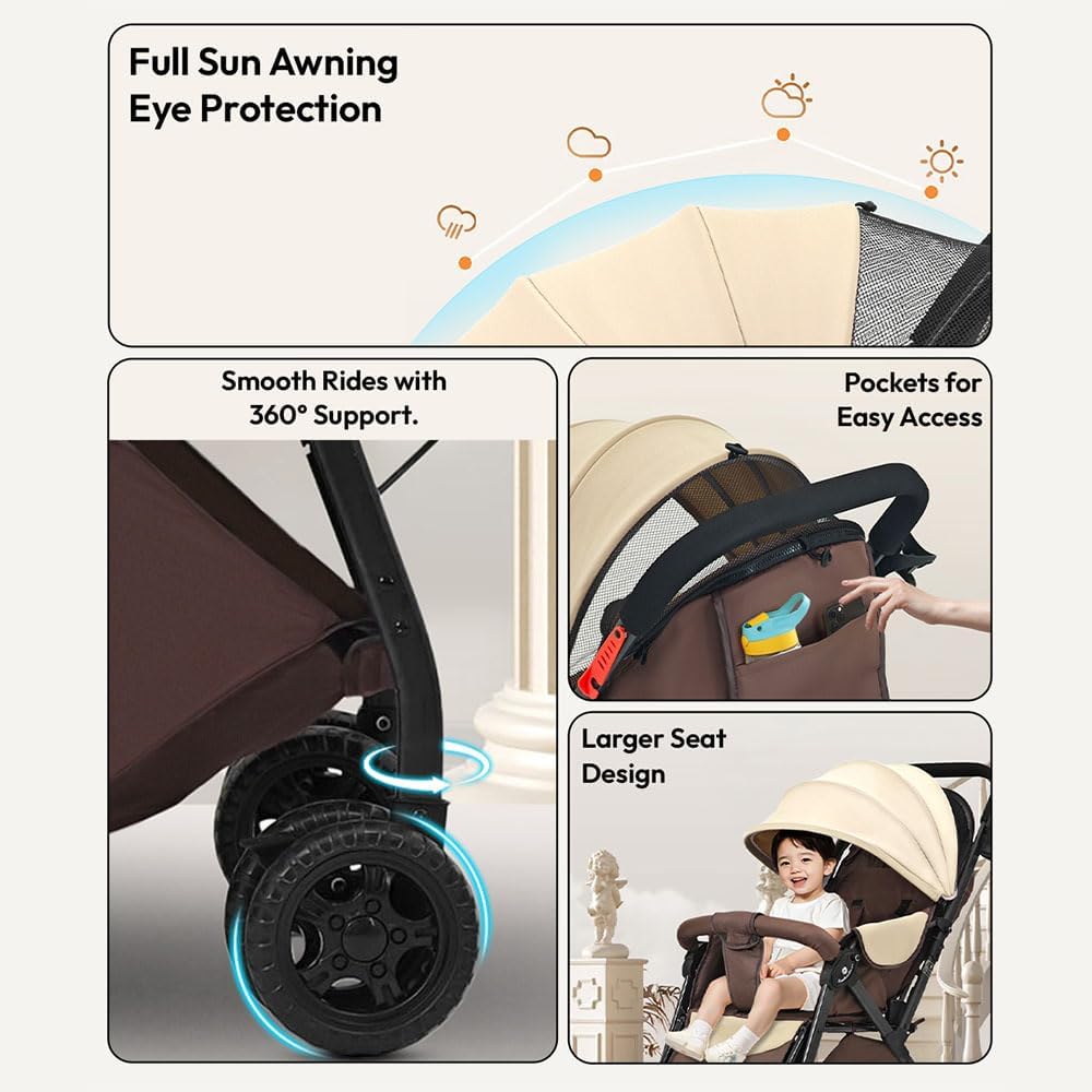 StarAndDaisy Foldable Stroller for Baby 0-3 Years Infant & Toddler / Travel Pram for Baby with Adjustable Canopy & Footrest with Lockable Wheels, Multi-Level Recline , Removable Tray , Safety Harness Belt - Grey