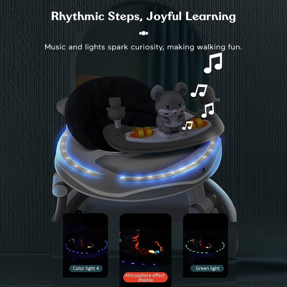 StarAndDaisy 360° Baby Walker 6-24 Months / 7 Level Height Adjustment Walker for Kids Boy and Girl with Intergrated RGB Lights, Switchable Food & Musical Toy Tray/Premium Baby Activity Walker with Parent Rod-Grey