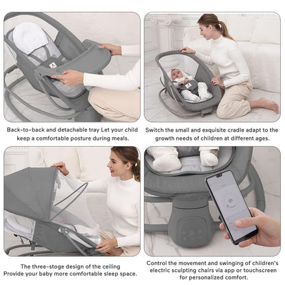 StarAndDaisy X Mastela 4 in 1 Swing Rocker Automatic for Newborn Baby 0 to 18 Month Girl & Boy with 4- Swing Modes, Detachable Tray, Backrest Adjustment Bassinet, Bluetooth Playback (4 in 1-Dark Grey)