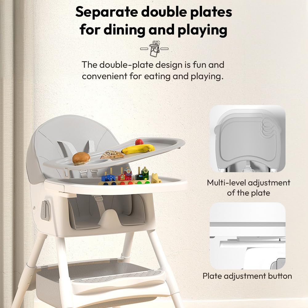 StarAndDaisy High Chair for Baby 6 Months to 5 Years/Adjustable Height Feeding Chair with 4 Reclining Seat Positions, Double Food Tray, Foldable Design & Wheels/High Chair for Baby - Grey
