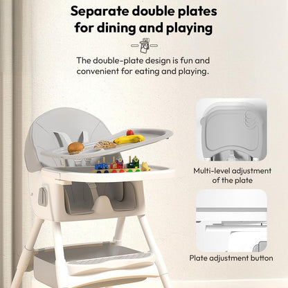 StarAndDaisy High Chair for Baby 6 Months to 5 Years/Adjustable Height Feeding Chair with 4 Reclining Seat Positions, Double Food Tray, Foldable Design & Wheels/High Chair for Baby - Grey