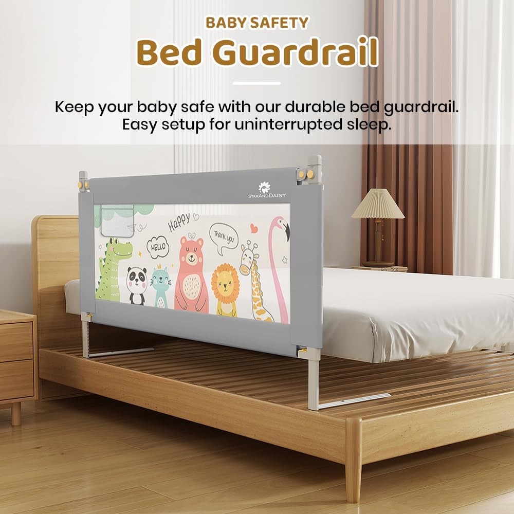StarAndDaisy Bed Guard for Baby/Kids with T-Body Support Frame, Adjustable Height/Portable Single Side Bed Rail for Infants & Toddler's Safety (Printed Grey-1.5M)