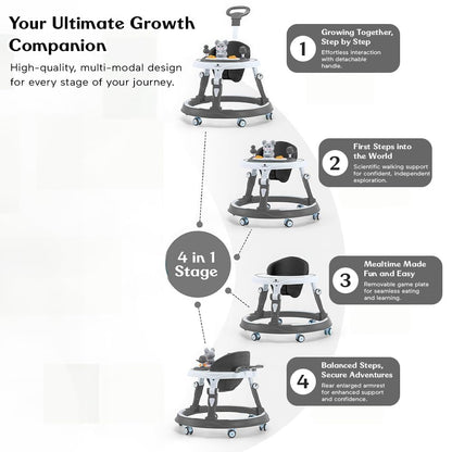 StarAndDaisy 360° Baby Walker 6-24 Months / 7 Level Height Adjustment Walker for Kids Boy and Girl with Intergrated RGB Lights, Switchable Food & Musical Toy Tray/Premium Baby Activity Walker with Parent Rod-Grey