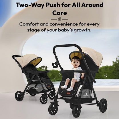 StarAndDaisy Foldable Baby Stroller for 0-3 Years Infant & Toddler / Travel Pram for Baby with Storage basket & Lockable Wheels, Multi-Level Recline & Adjustable Footrest, Removable Tray , Safety Harness Belt -Khaki