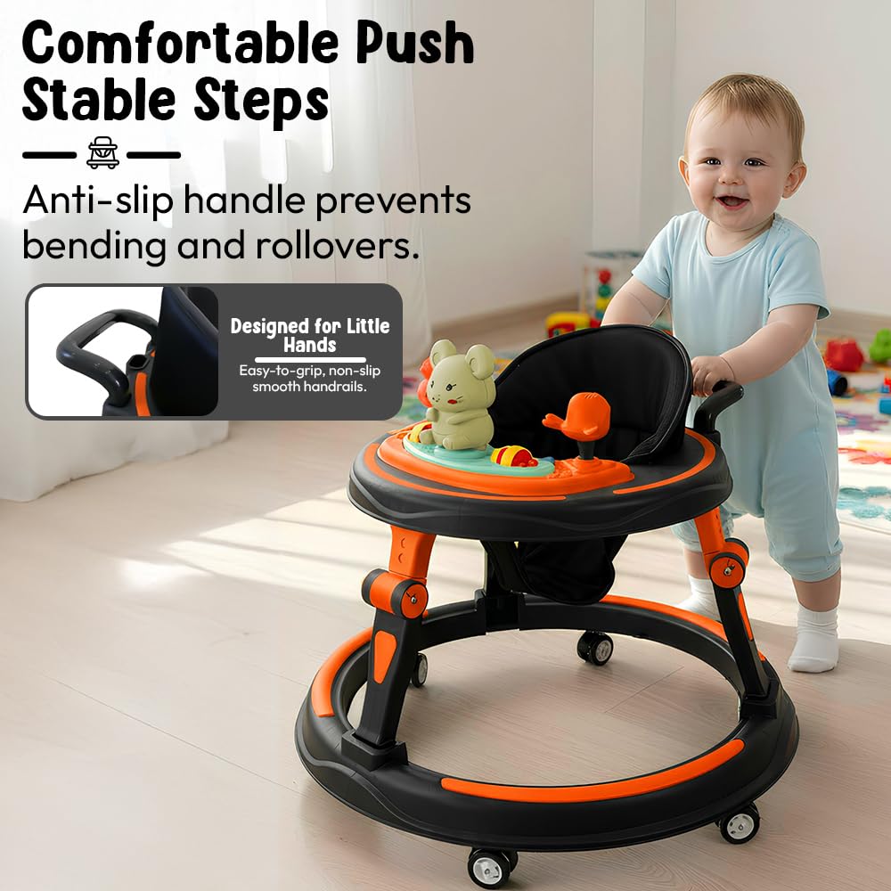 StarAndDaisy Baby Walkers for 9+, 6-24 Month Baby boy & Girl 360° Walker for Kids for 6-24 Months with 7 Level Height Adjustment, Baby Walker with Switchable Food & Musical Toy Tray -Orange Black