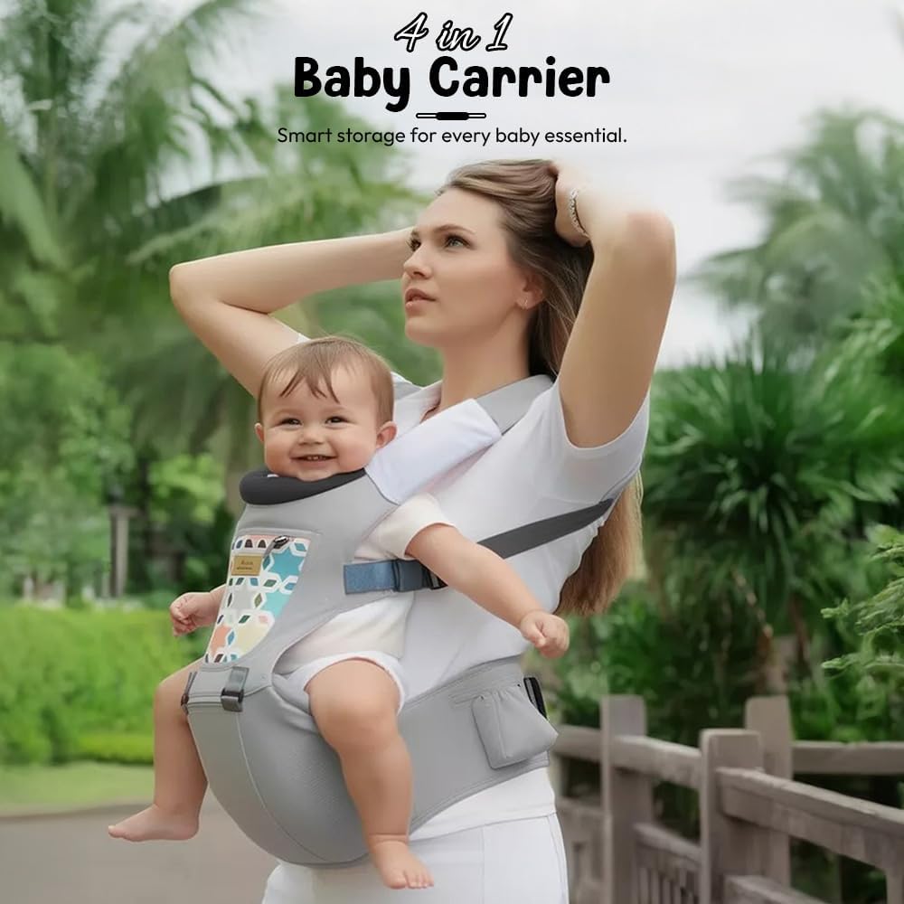StarAndDaisy 4-in-1 Baby Carrier for 0 to 3 Year Baby/Kangaroo Bag with Comfortable Soft Hip Seat/Baby Carrier - 4 Carrying Positions with 2 Storage Pockets - Blue (4-in-1 Light Grey)