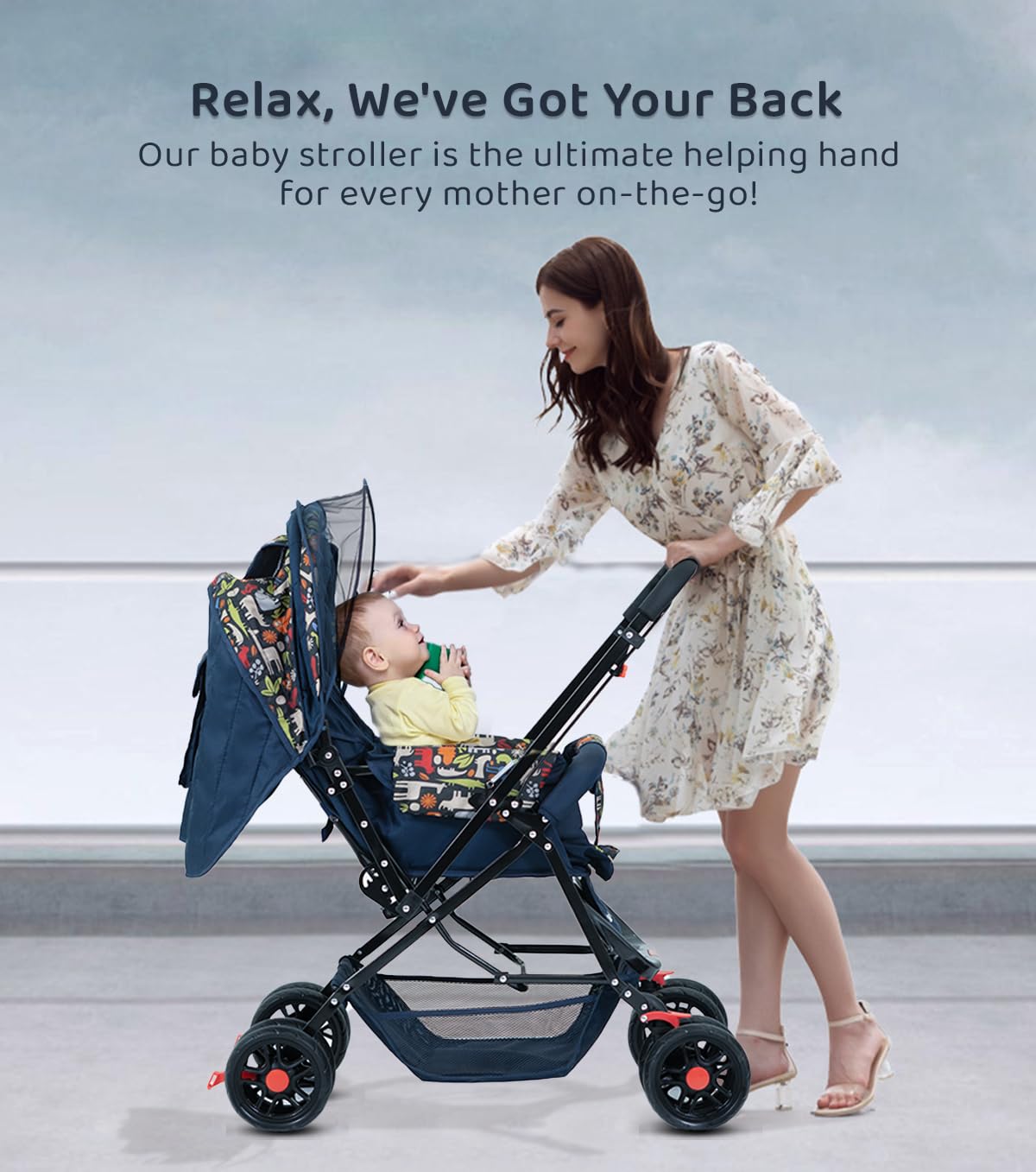 StarAndDaisy Sunrise Baby Stroller Lightweight Foldable Stroller for 0-5 Years, 3-Point Safety Harness, Adjustable Backrest, 360° Swivel Wheel, Extended Mosquito Net, Reversible Handlebar, Large Storage Basket(Delta)