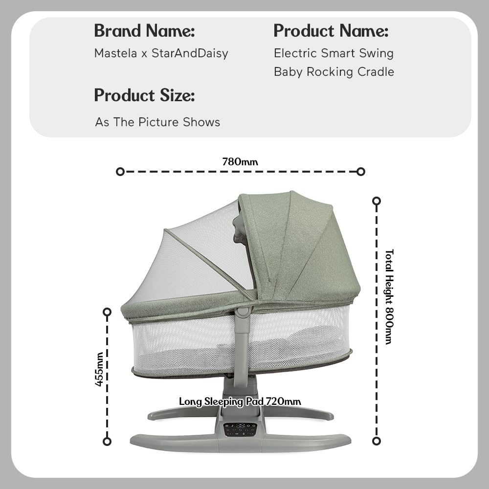 StarAndDaisy Breathable Fabric, Alloy Steel X Mastela Baby Swing Rocker with Mosquito Net, Baby Crib Cradle for Newborn Baby with Music, Multi-Mode Adjustment & Smart LED Panel