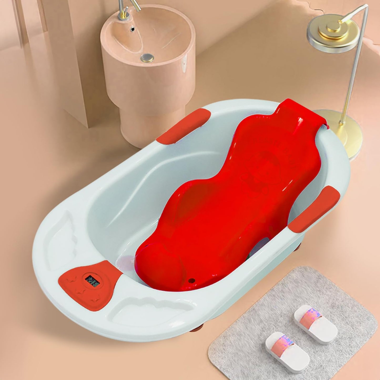StarAndDaisy Baby Bath tub for 0 to 5 Years with Temperature Sensor/Bath tub for Kids 0-3 Years for Kids with Anti-Slip Legs/Bath tub for Baby with Baby Bather Without Wheel(White-Red)