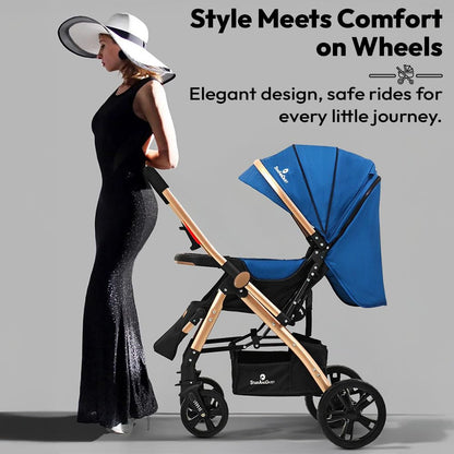 StarAndDaisy Foldable Stroller for Baby 0-3 Years Infant & Toddler / Travel Pram for Baby with Suspension & Lockable Wheels, Multi-Level Recline & Adjustable Footrest & Canopy, Removable Tray , Safety Harness Belt -Blue
