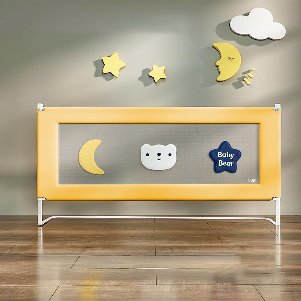 StarAndDaisy Bed Guard Rail for Baby/Kids with U-Full Body Support Frame, Height Adjustable/Portable Single Side Bed Rail for Toddler's Safety (Embroidered Yellow - 1.8M)