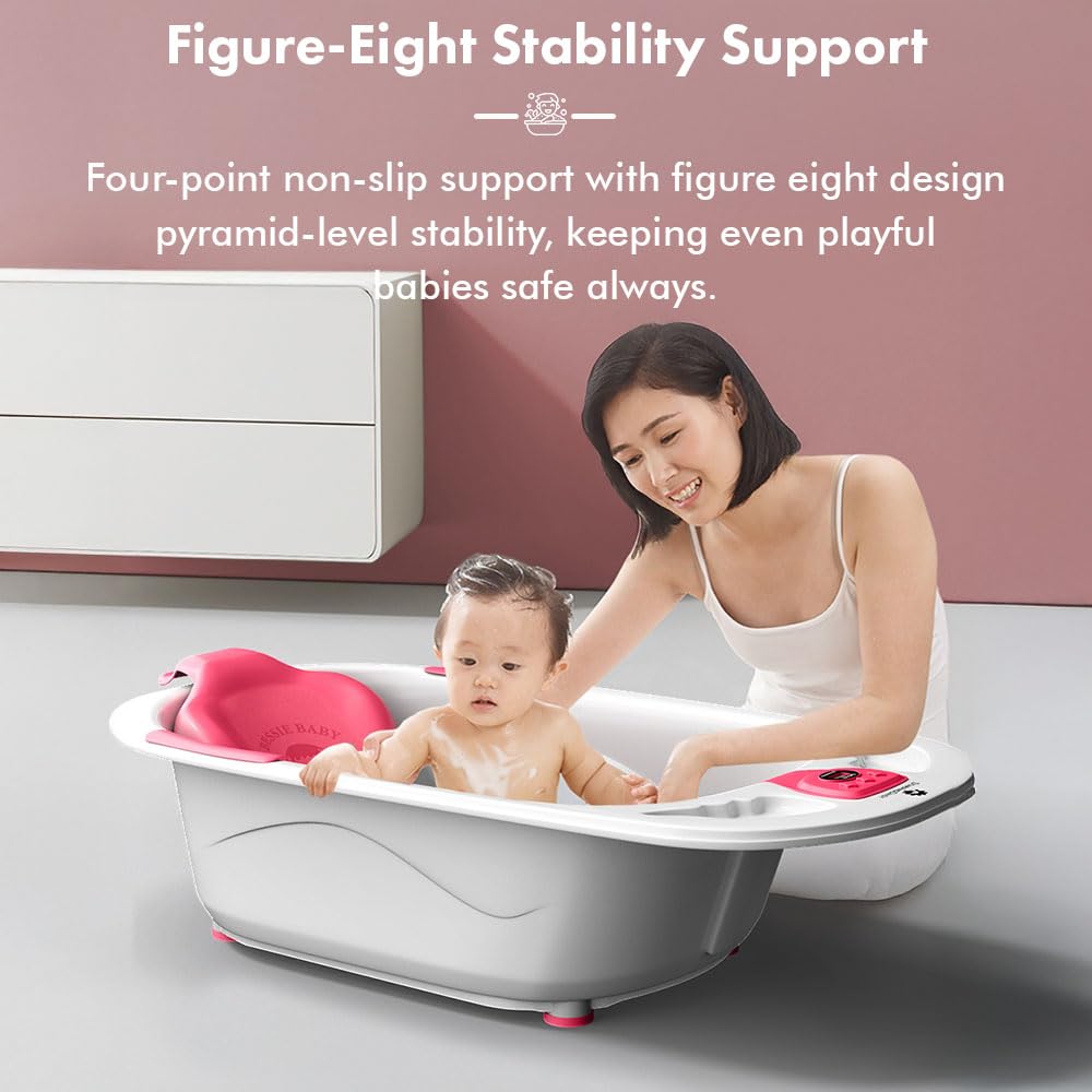 StarAndDaisy Baby Bath tub for 0 to 5 Years with Temperature Sensor/Bath Tub for Kids with Anti-Slip Legs/Bathtub for Baby with Baby Bather Without Wheel(White-Pink)