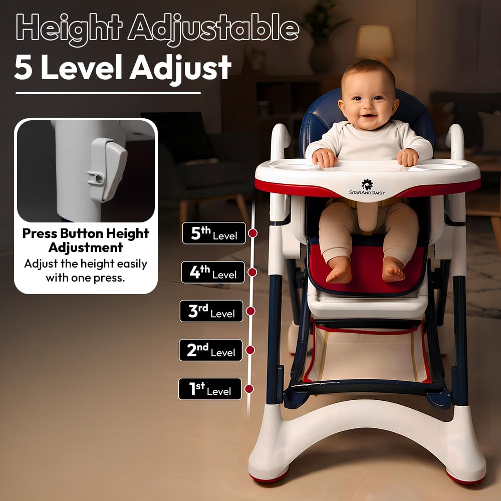 StarAndDaisy Premium Feeding Chairs 6 Months to 3 Year/ High Chair for Baby with Premium Leather Cushion / Baby Chair with 5 Level Seat & Foot Rest Adjustmnet, Height Adjustable, Detachble food Tray, One Click Foldable (Red & Blue)