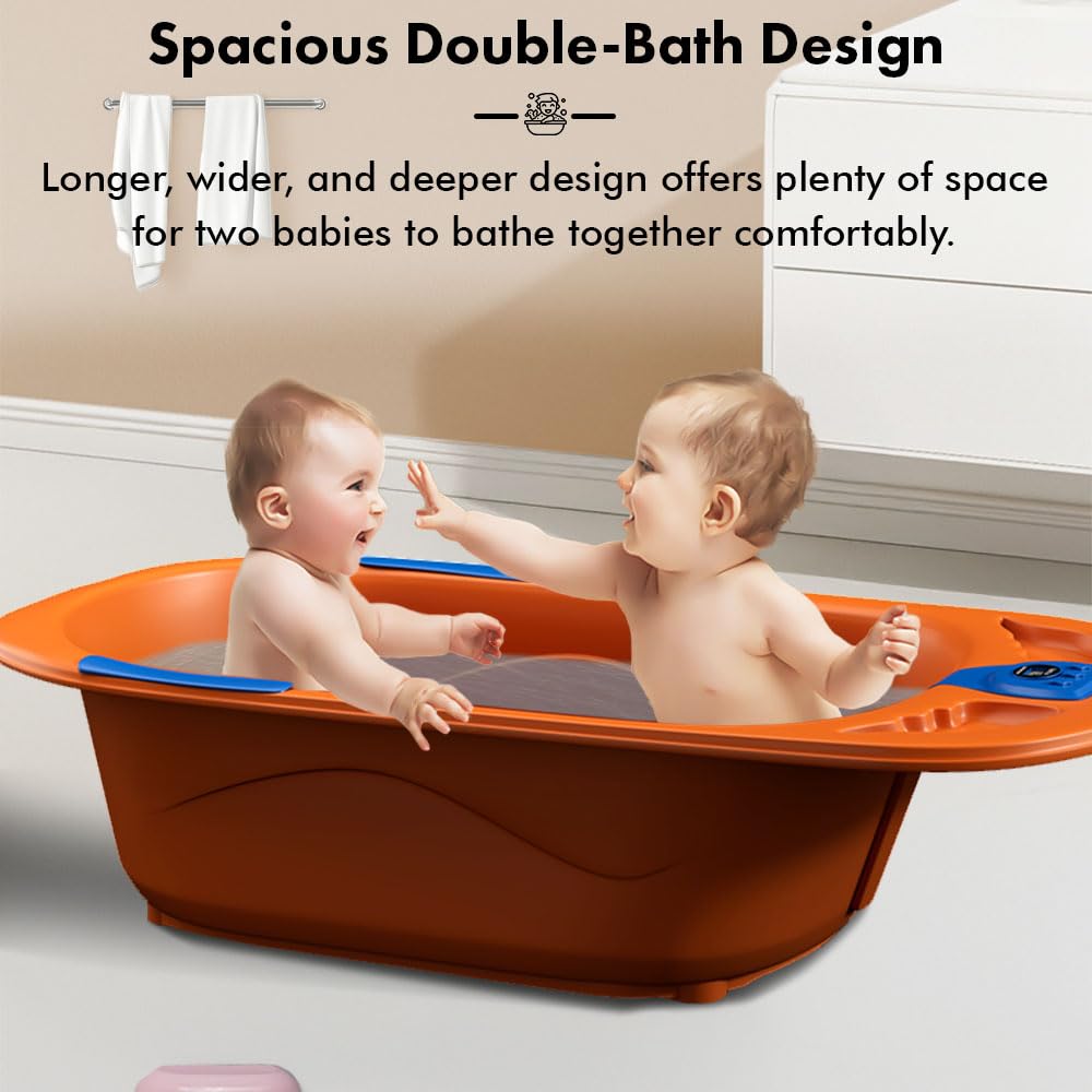 StarAndDaisy Baby Bath tub for 0 to 5 Years with Temperature Sensor/Bath Tub for Kids with Anti-Slip Legs/Bathtub for Baby with Baby Bather -Without Wheel(Orange-Blue)