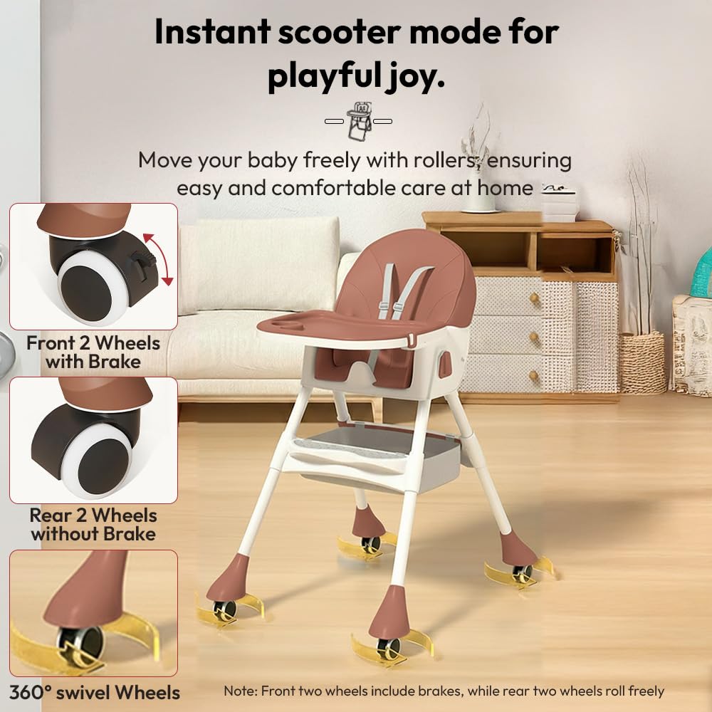 StarAndDaisy High Chair for Baby 6 Months to 5 Years/Adjustable Height Feeding Chair with 4 Reclining Seat Positions, Double Food Tray, Foldable Design & Wheels/High Chair for Baby - Coffee