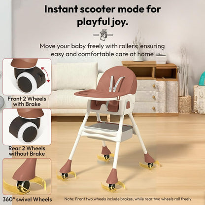 StarAndDaisy High Chair for Baby 6 Months to 5 Years/Adjustable Height Feeding Chair with 4 Reclining Seat Positions, Double Food Tray, Foldable Design & Wheels/High Chair for Baby - Coffee
