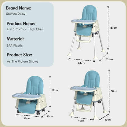 StarAndDaisy High Chair for Baby/Baby Feeding Chair for 0 to 5 Years with 4 in-1 Multifunctions/High Chair with Height Adjustable, Detachable Tray & One-Hand Adjustable -Blue