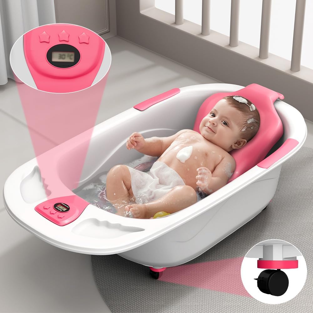 StarAndDaisy Baby Bath Tub for 0 to 5 Years/Bath Tub for Kids 0-3 Years/Infants Bathtub with Temperature Censor & Baby Bath Seat/Chair, Antislip Baby Bath Tub with Bath Sling-Pink