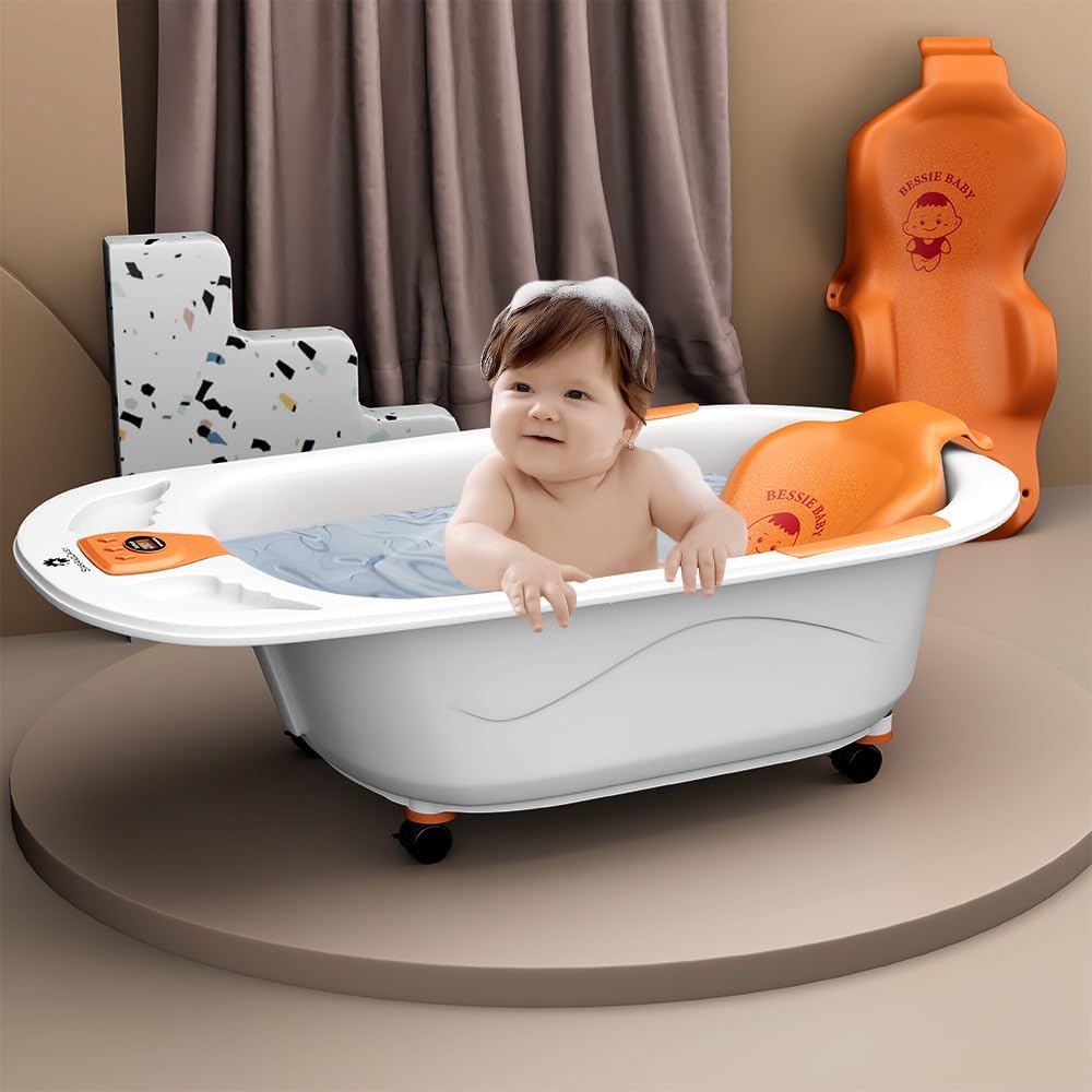 StarAndDaisy Baby Bath Tub for 0 to 5 Years/Bath Tub for Kid 0-3 Years/Infants Bathtub with Temperature Censor & Baby Bath Sling/seat, Antislip Baby Bath tub with Bath Chair (White-Orange)