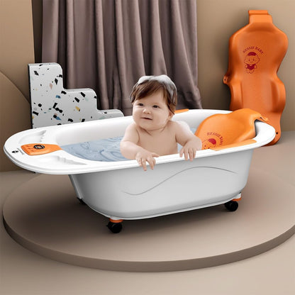 StarAndDaisy Baby Bath Tub for 0 to 5 Years/Bath Tub for Kid 0-3 Years/Infants Bathtub with Temperature Censor & Baby Bath Sling/seat, Antislip Baby Bath tub with Bath Chair (White-Orange)
