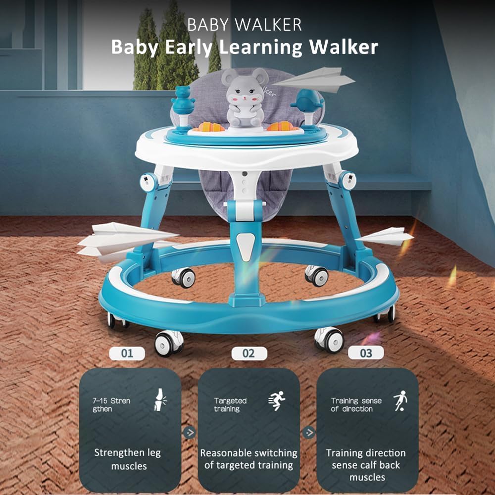 StarAndDaisy 360 Baby Walker 6-24 Months / 7 Level Height Adjustment Walker for Kids Boy and Girl with Switchable Food & Musical Toy Tray/Premium Baby Walker - Blue