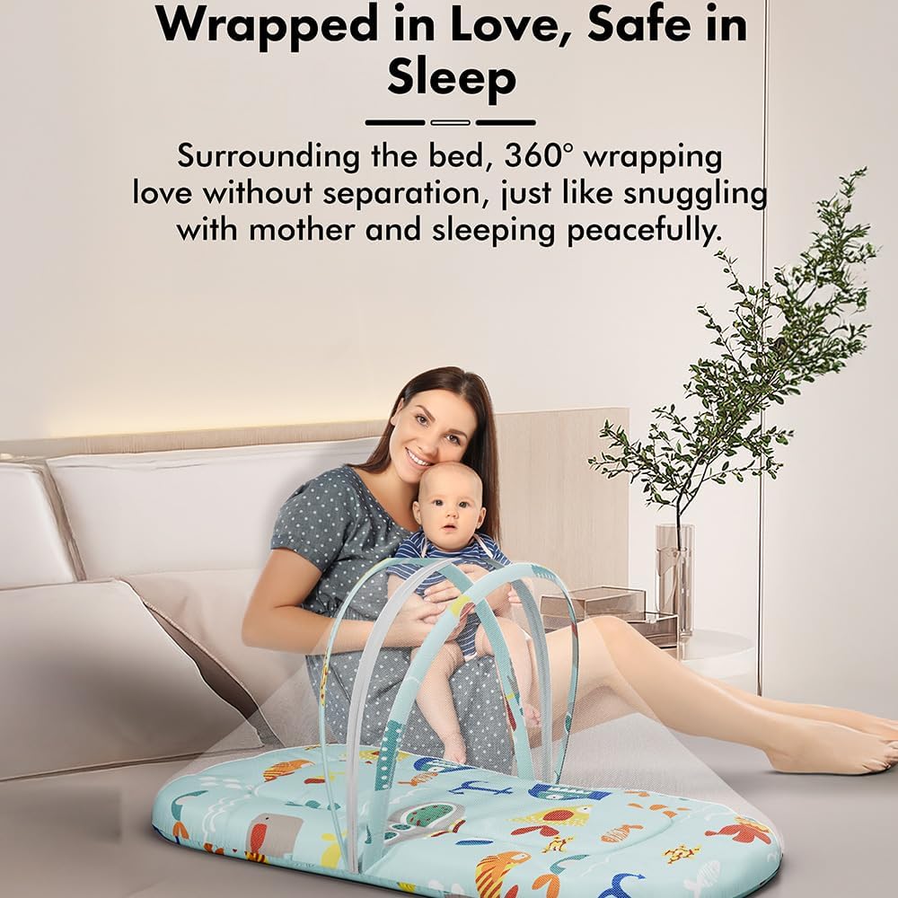 StarAndDaisy 3 in 1 Baby Mosquito net/Nest for Sleeping - Mosquito net for Newborn Baby/Soft and Comfortable Bed, Washable Cotton Design for 0-12 Months Baby -Aqua Print