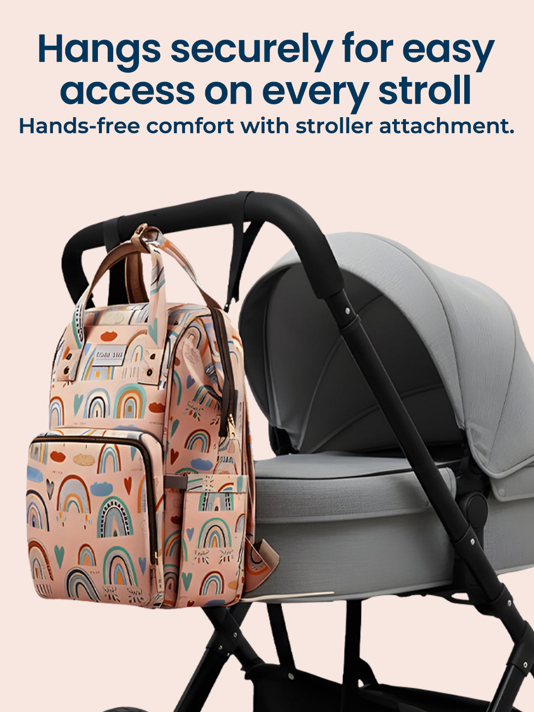 Polka Tots Stylish Multifunctional Rainbow Diaper Bag For Mothers Travel With Pouch - Pink