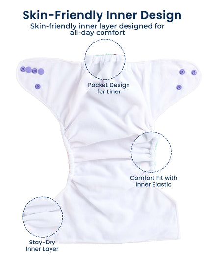 Polka Tots  Reusable & Washable Fleece Cloth Diapers with 1 Liner, Unicorn Print