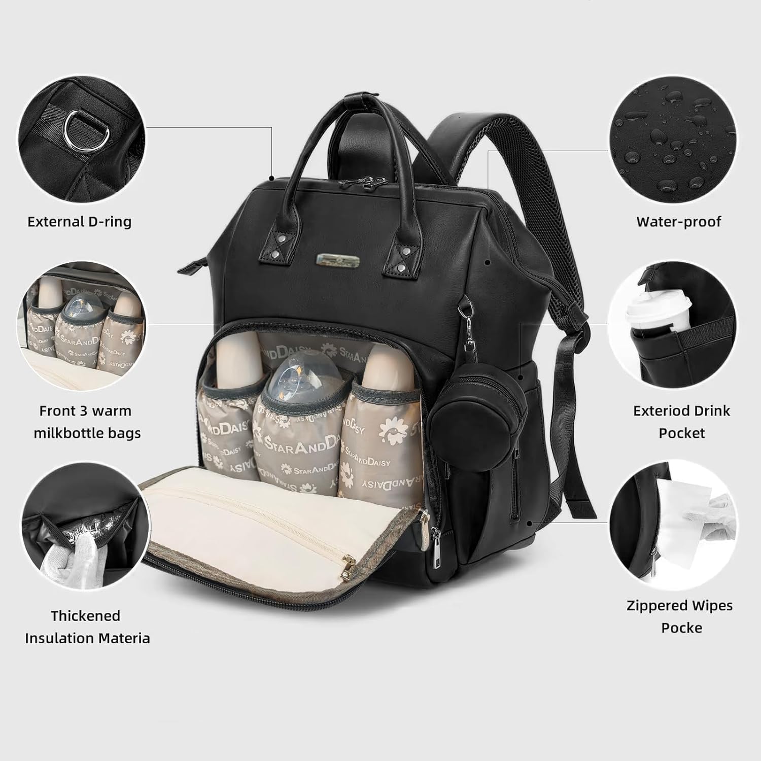 StarAndDaisy Diaper Bag for Mothers for Travel/Premium Vegan Leather Diaper Bag with Easy Acess Mobile Pocket, 26L Waterproof Baby Bag for Mother Travel with 16 Multipurpose Pockets