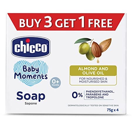 Chicco Baby Moments Soap, New Advanced Formula with Natural Ingredients, Suitable For Baby's Gentle Skin, Moisturizing & Hydrating Formula, No Phenoxyethanol and Parabens (75g 3 + 1)