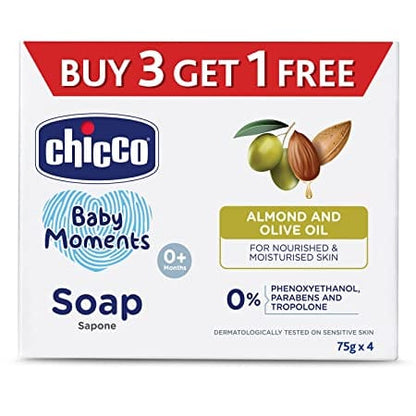 Chicco Baby Moments Soap, New Advanced Formula with Natural Ingredients, Suitable For Baby's Gentle Skin, Moisturizing & Hydrating Formula, No Phenoxyethanol and Parabens (75g 3 + 1)