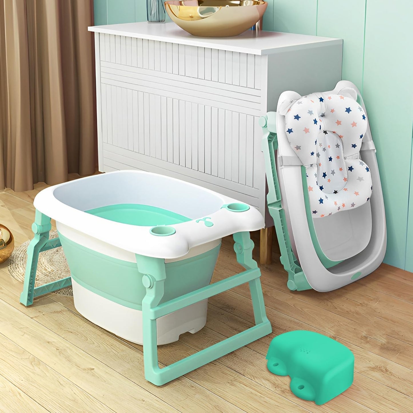 StarAndDaisy Baby Bath tub for Infant & Toddler 0 to 5 Years, 2-in-1 Bathub for Kids, Foldable tub with Cushion & Bathing Chair for Boys & Girls, Fast Drainage & Space Saving Design -Green