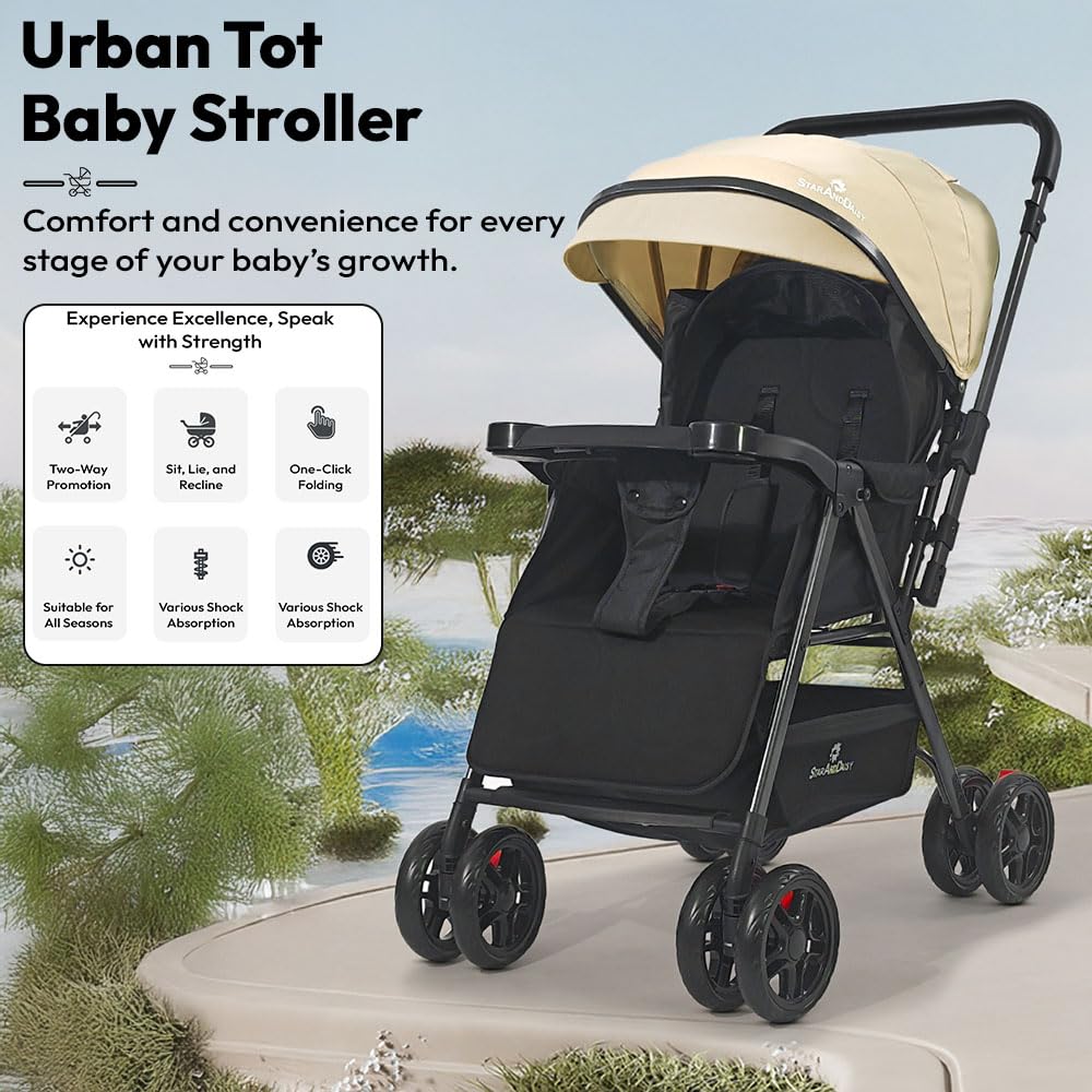 StarAndDaisy Baby Stroller for 0–3 Years, Foldable Pram with 3 Reclining Positions/Baby Stroller with Food Tray and 360 Degree Swivel Wheels