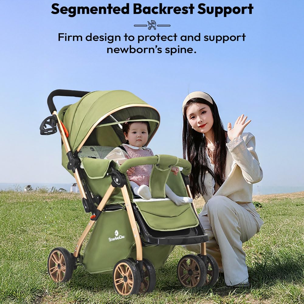 StarAndDaisy Foldable Baby Stroller for 0-3 years Infant & Toddler / Travel Pram for Baby with 360° Swivel Lockable Front Wheels , Multi-Level Recline & Adjustable Footrest , Removable Tray , Safety Harness Belt -Black